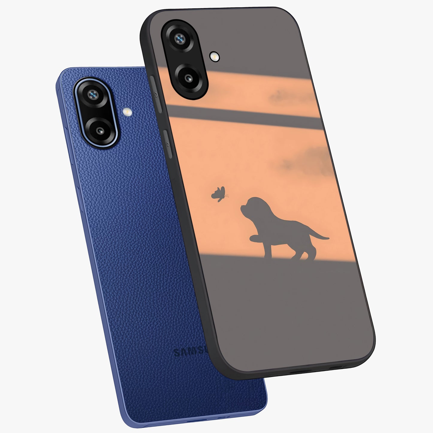 Puppy Shadow Art Glass Case displayed in angled mockup highlighting playful dog illustration with artistic shadow aesthetic.