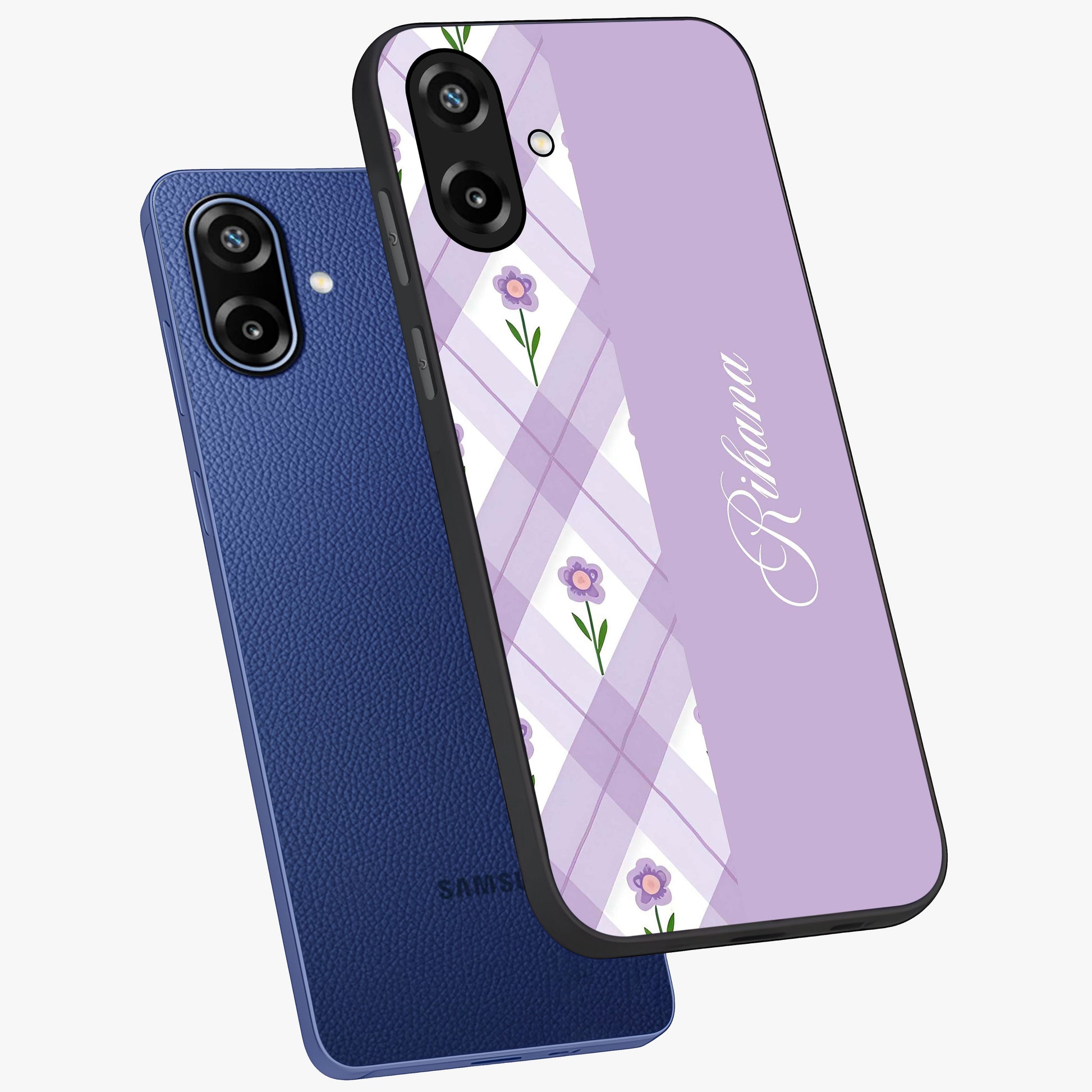 Purple Diamond Floral Glass Case displayed in angled mockup highlighting elegant purple flower design with decorative pattern.