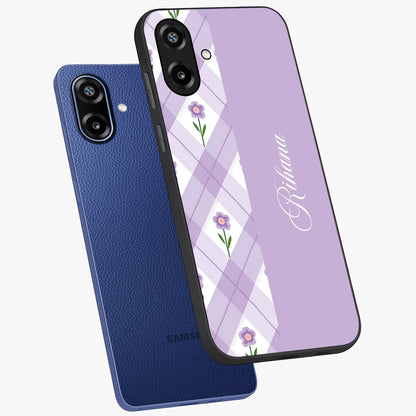 Purple Diamond Floral Glass Case displayed in angled mockup highlighting elegant purple flower design with decorative pattern.