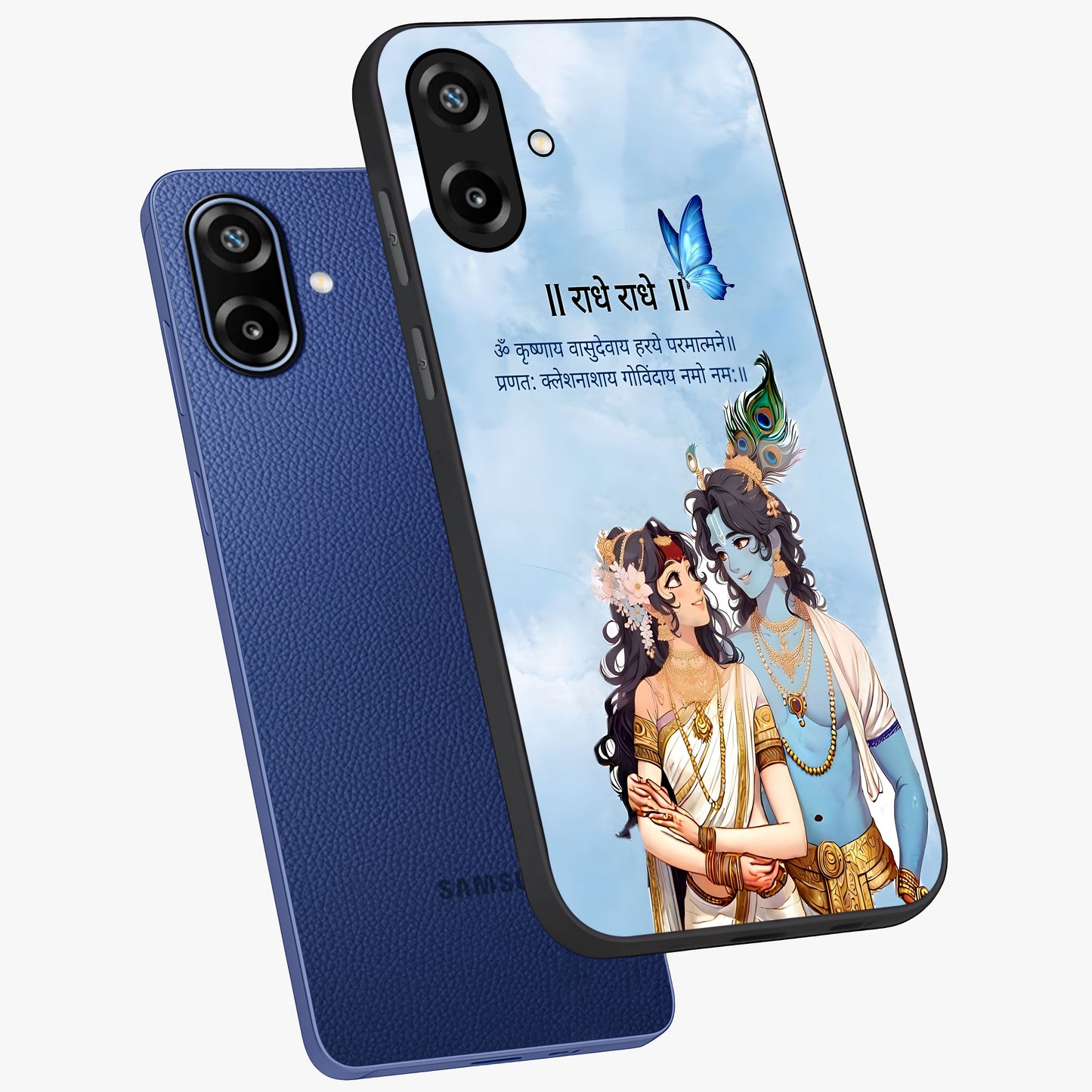Radha Krishna Eternal Glass Case displayed in angled mockup highlighting divine Radha Krishna illustration with spiritual aesthetic.