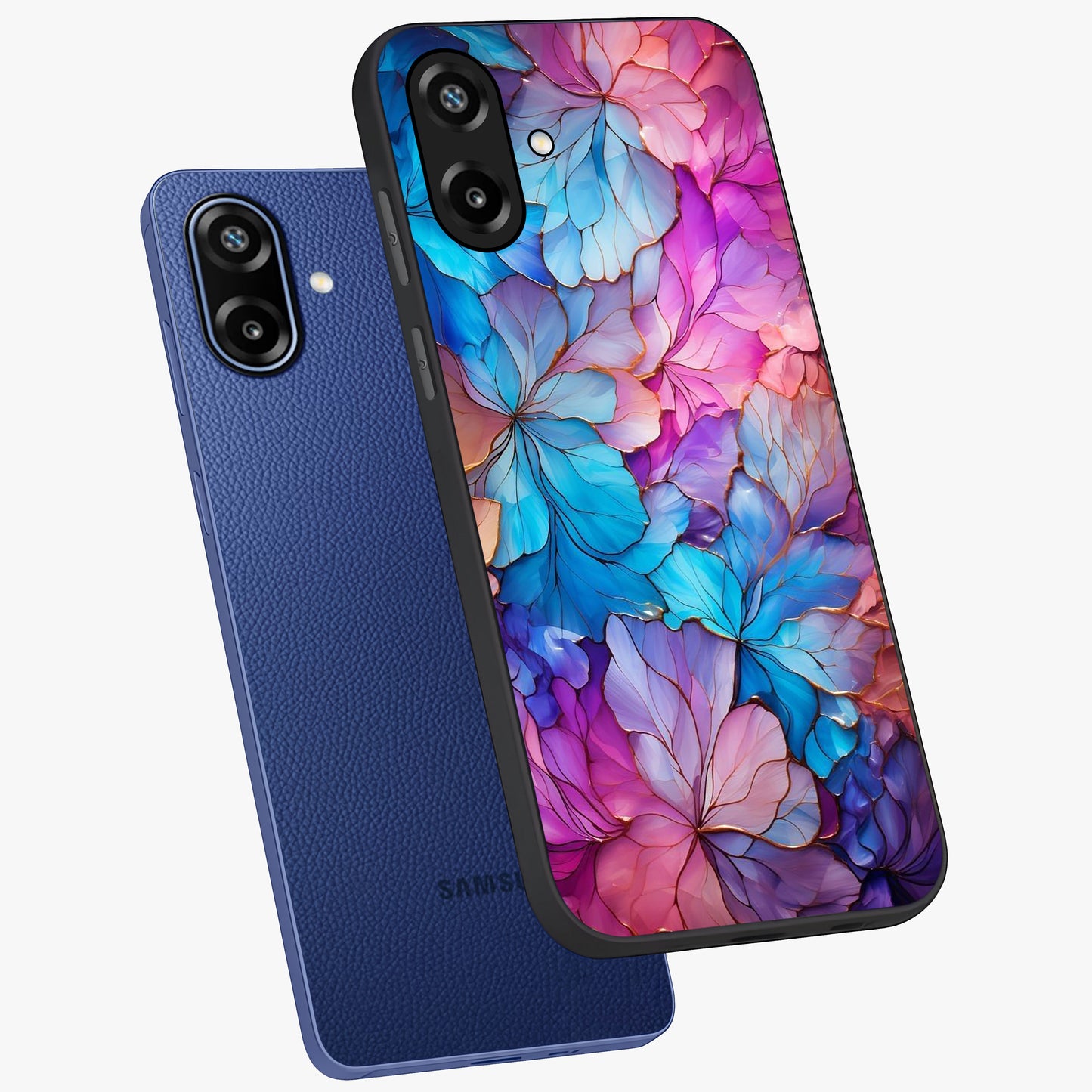 Radiant Floral Whirl Glass Case displayed in angled mockup highlighting vibrant flower pattern with dynamic artistic aesthetic.