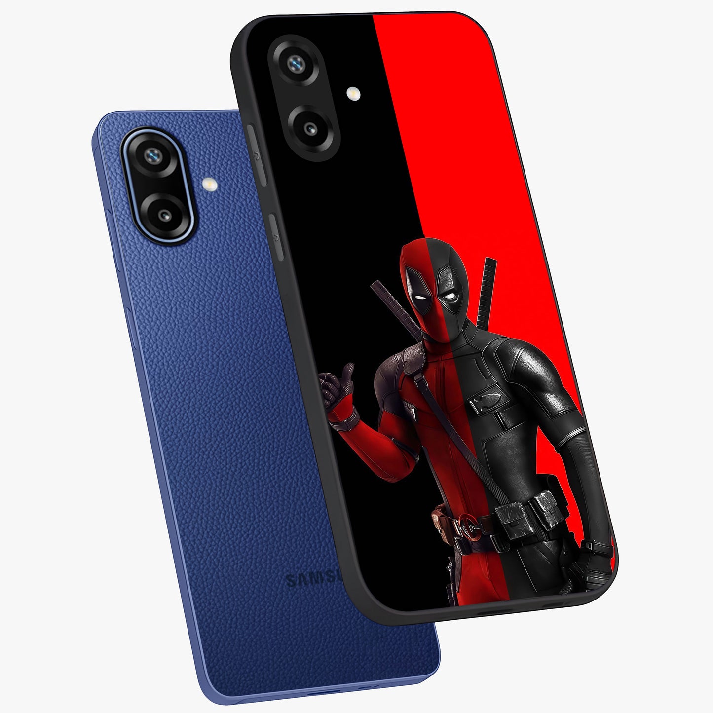 Red & Black Deadpool Theme Glass Case displayed in angled mockup highlighting vibrant superhero style illustration with action aesthetic.