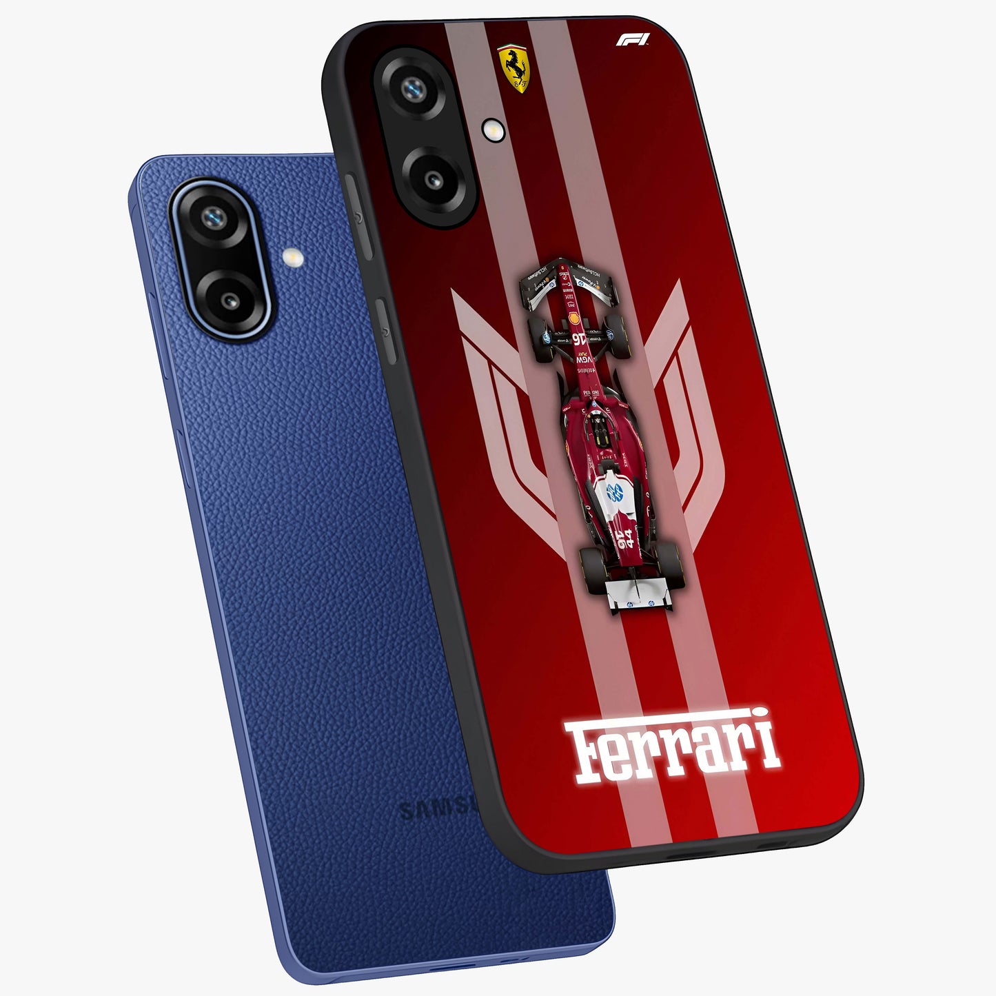 Red Ferrari F1 Vertical Glass Case displayed in angled mockup highlighting high speed racing design with bold automotive aesthetic.