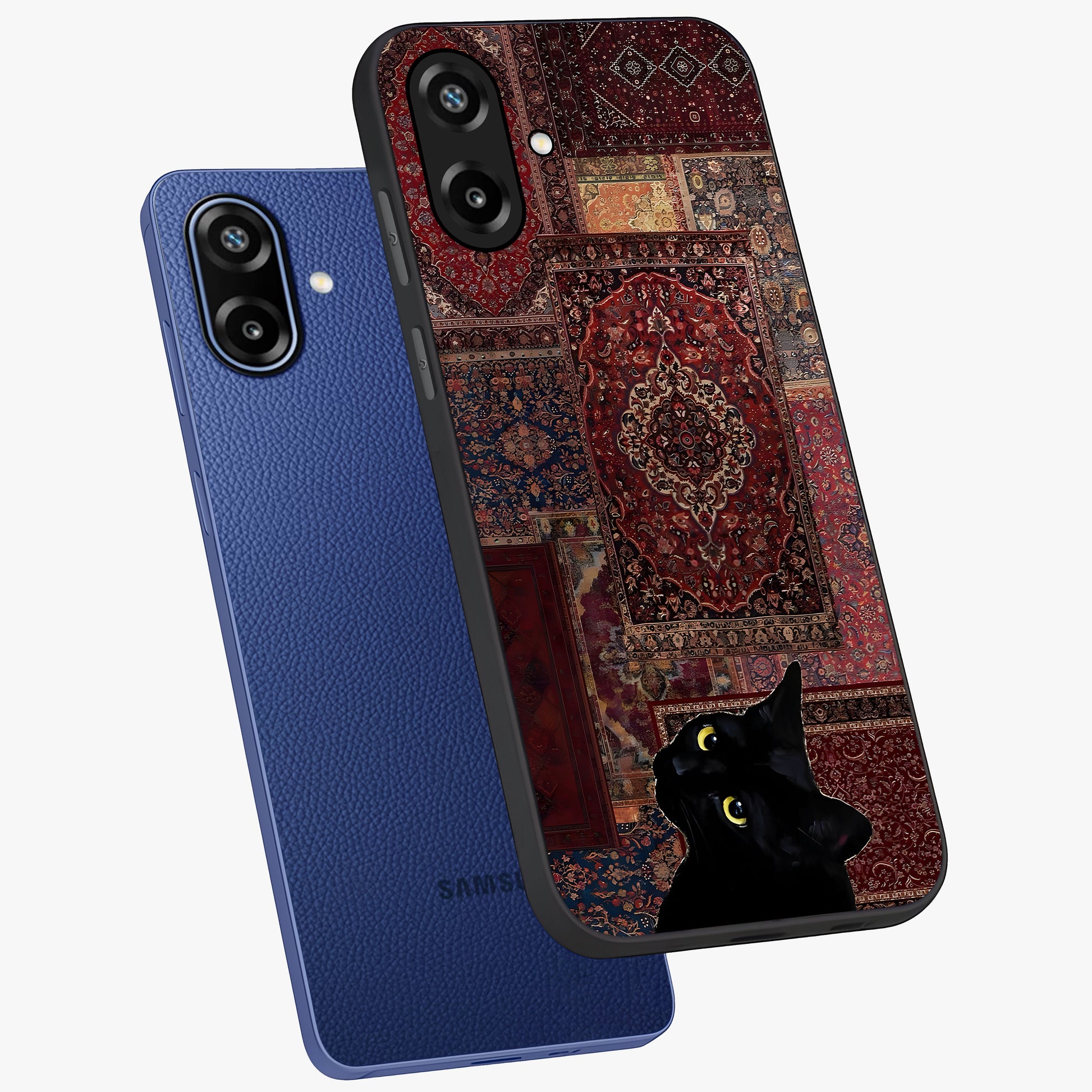 Regal Magic Cat Apple Glass Case displayed in angled mockup highlighting whimsical feline design with fantasy aesthetic.