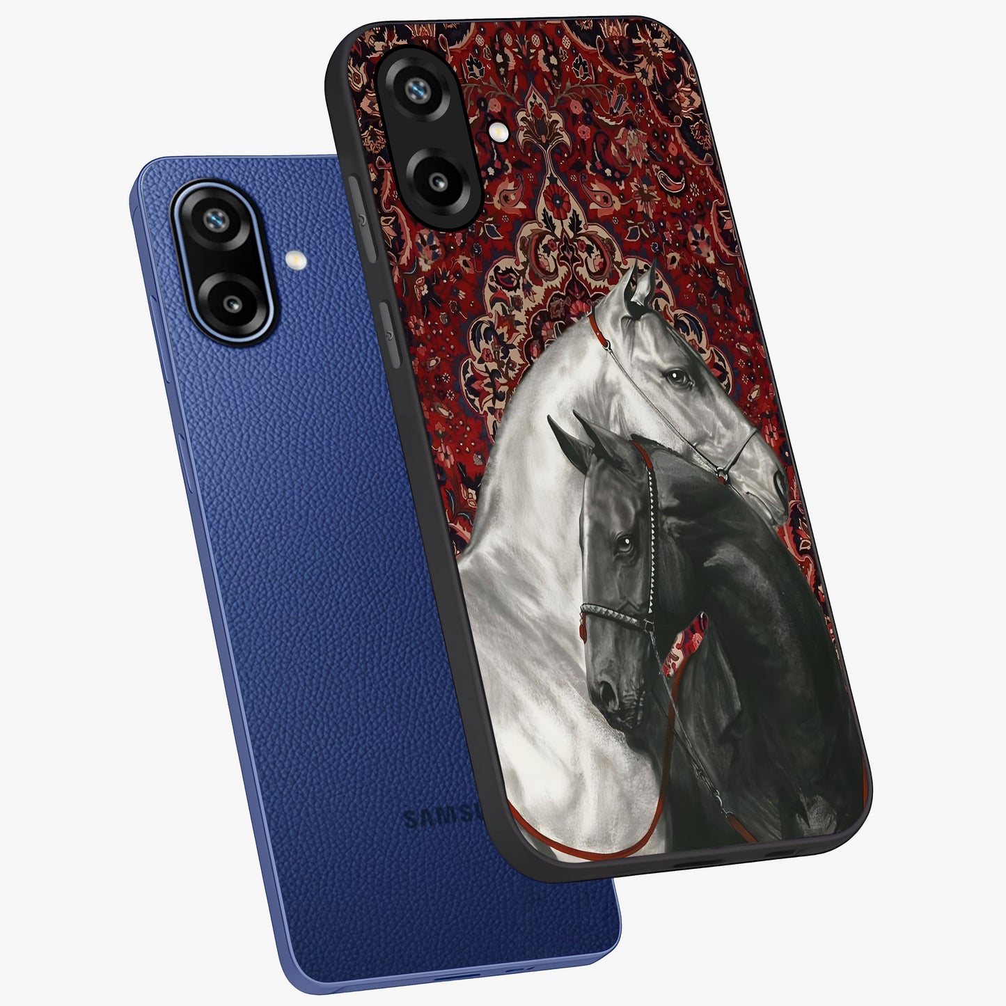 Regal Stallion Tapestry Glass Case displayed in angled mockup highlighting royal stallion design with decorative heritage aesthetic.