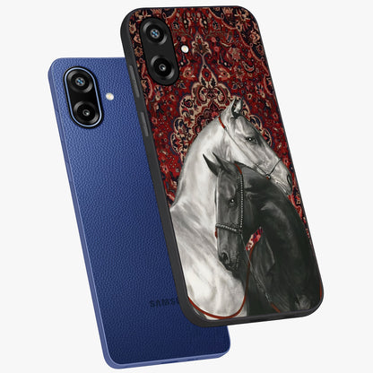 Regal Stallion Tapestry Glass Case displayed in angled mockup highlighting royal stallion design with decorative heritage aesthetic.