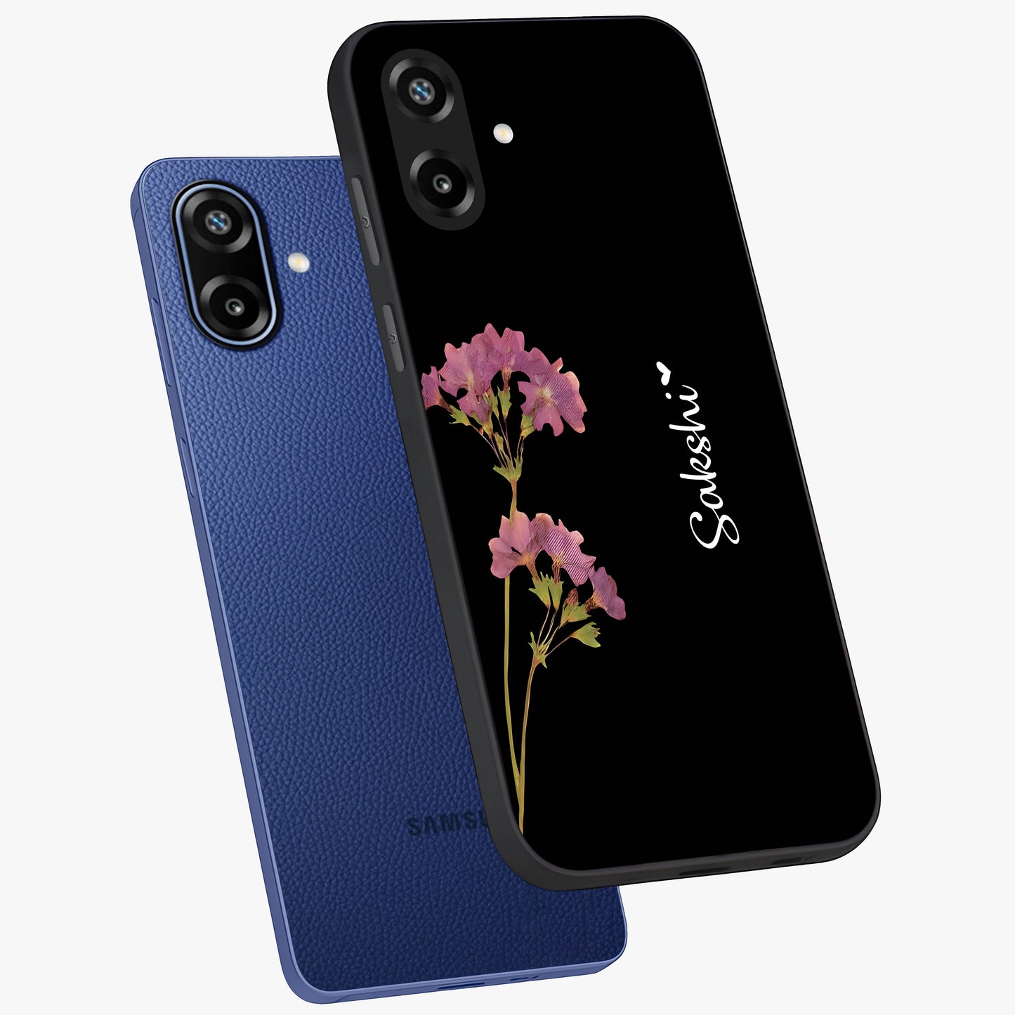 Riching Lavender Flower Custom Name Glass Case displayed in angled mockup highlighting delicate lavender flower design with custom name feature.