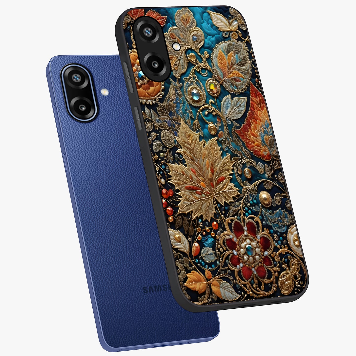 Royal Jewel Garden Glass Case displayed in angled mockup highlighting vibrant jewel inspired floral design with elegant aesthetic.