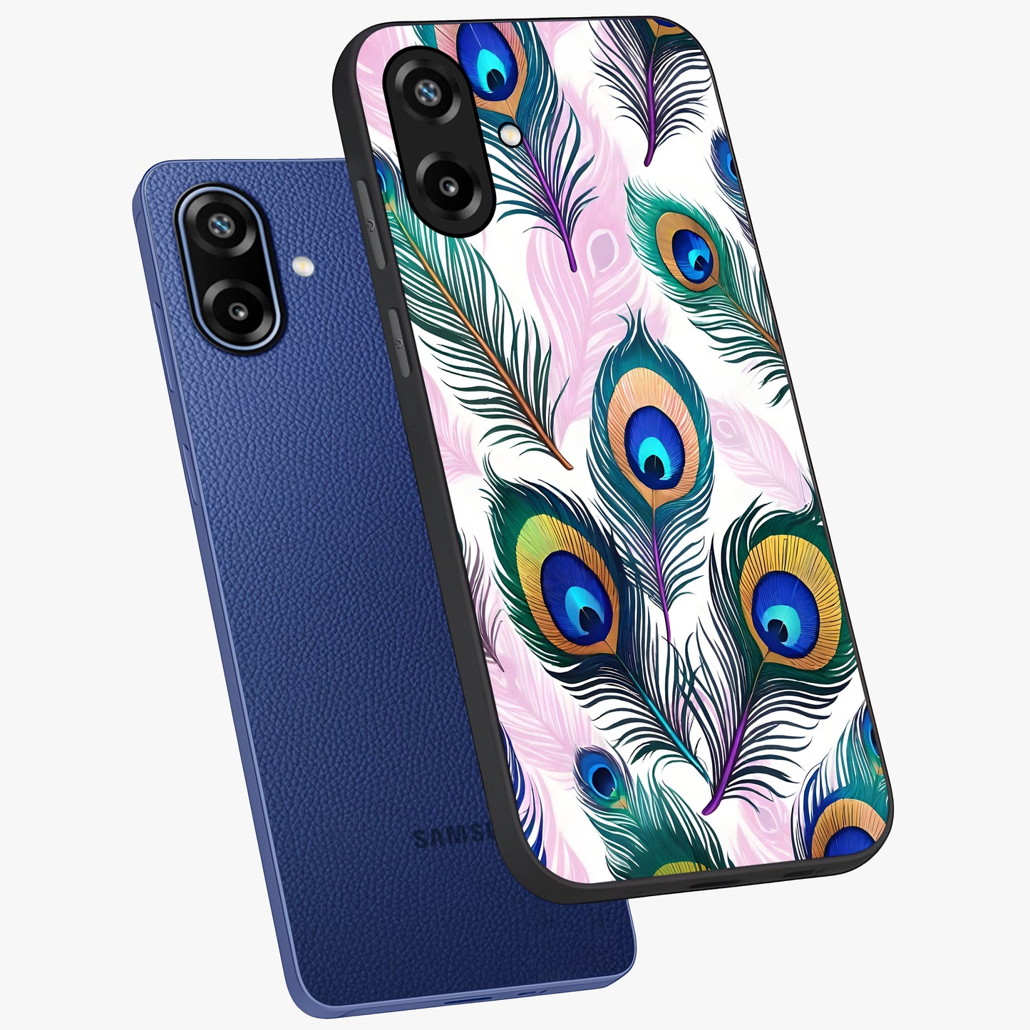 Royal Peacock Feathers Glass Case displayed in angled mockup highlighting vibrant feather pattern with regal aesthetic style.
