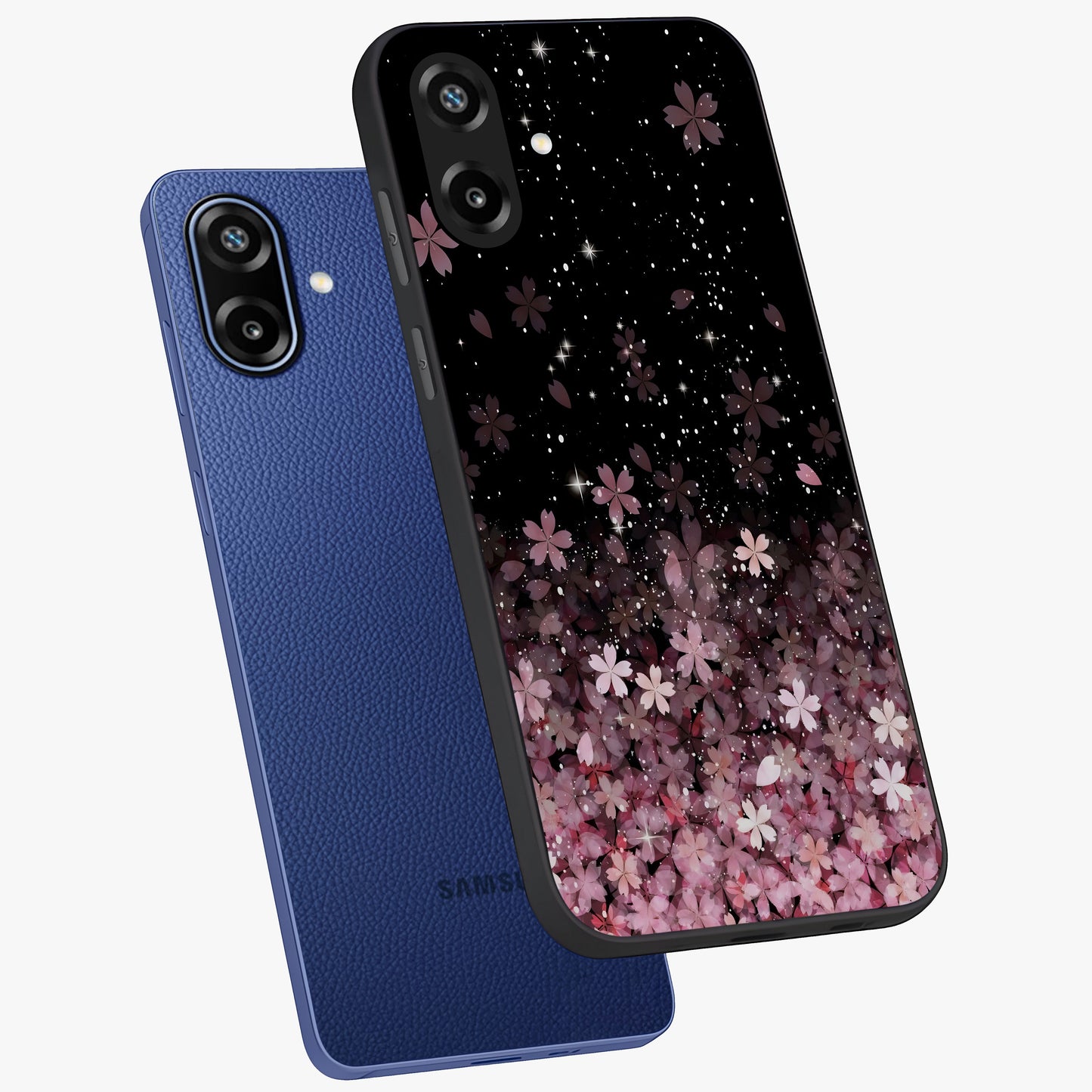 Small Starry Flowers Glass Case displayed in angled mockup highlighting tiny flower pattern with celestial aesthetic style.