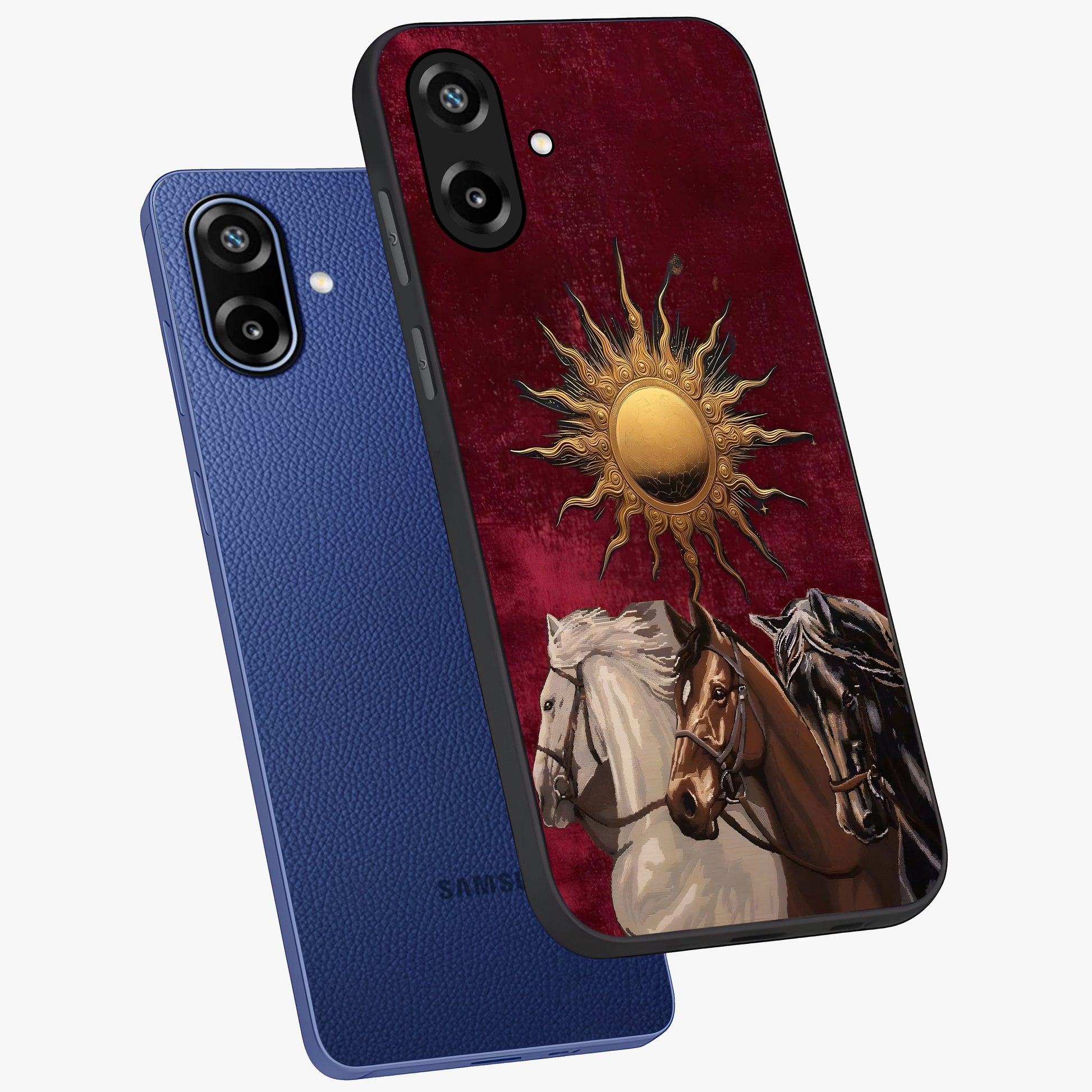 Solar Riders Glass Case displayed in angled mockup highlighting powerful rider illustration with radiant solar aesthetic.