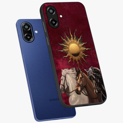 Solar Riders Glass Case displayed in angled mockup highlighting powerful rider illustration with radiant solar aesthetic.