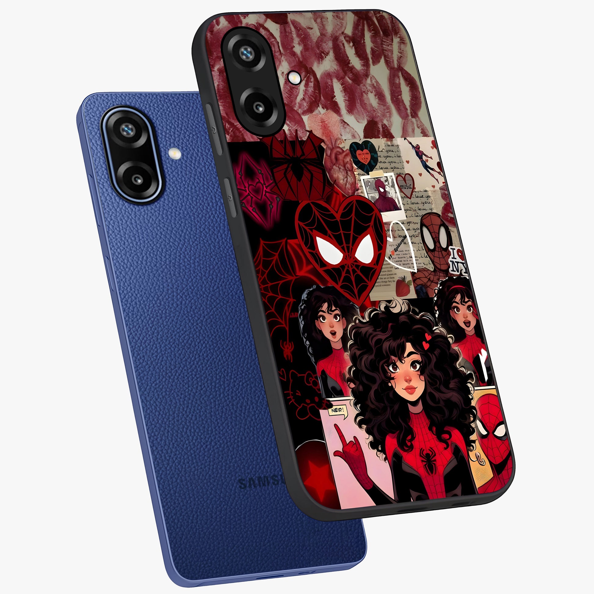 Spider Love Story Glass Case displayed in angled mockup highlighting expressive comic inspired design with playful aesthetic.