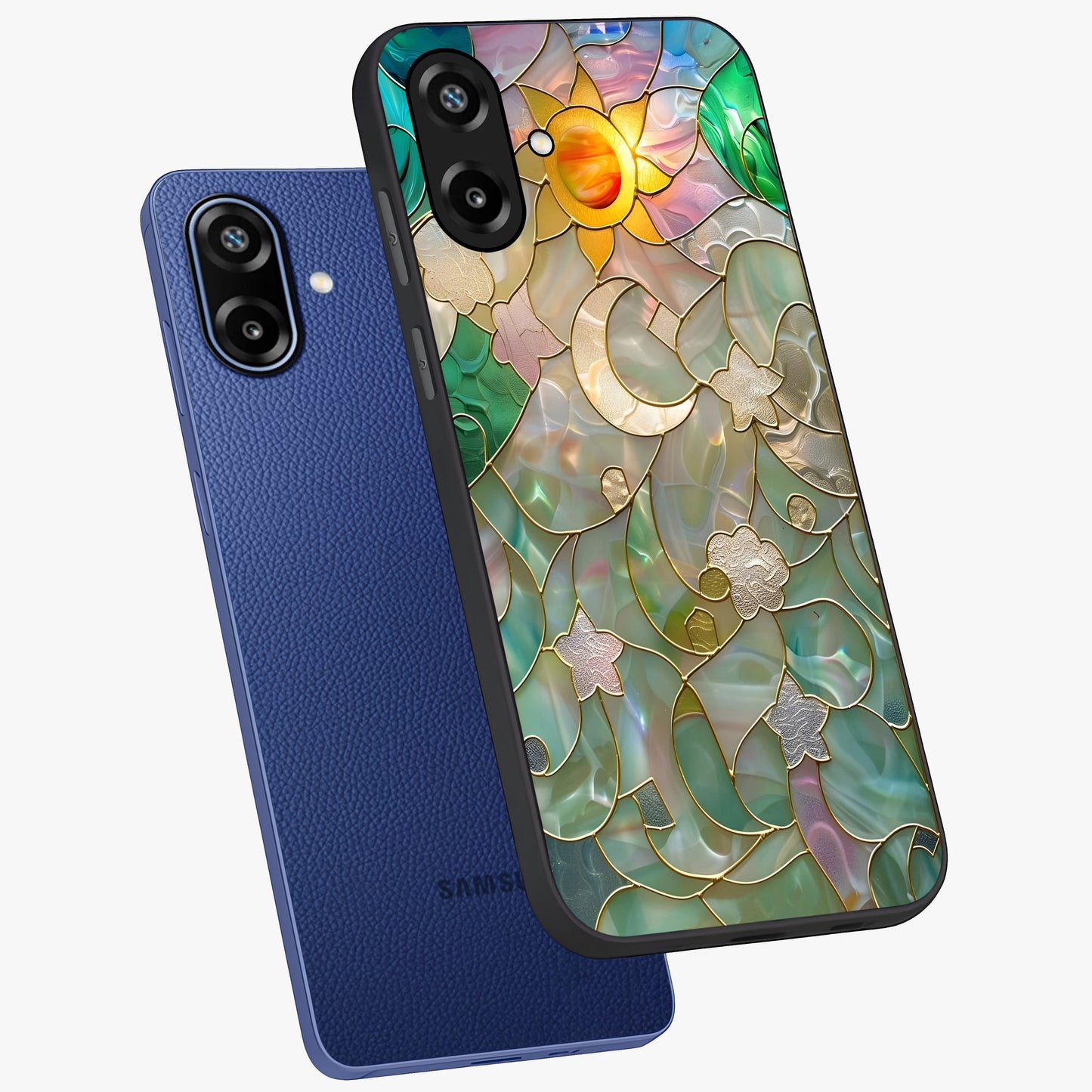 Stained Sunrise Glow Glass Case displayed in angled mockup highlighting radiant sunrise design with artistic aesthetic style.