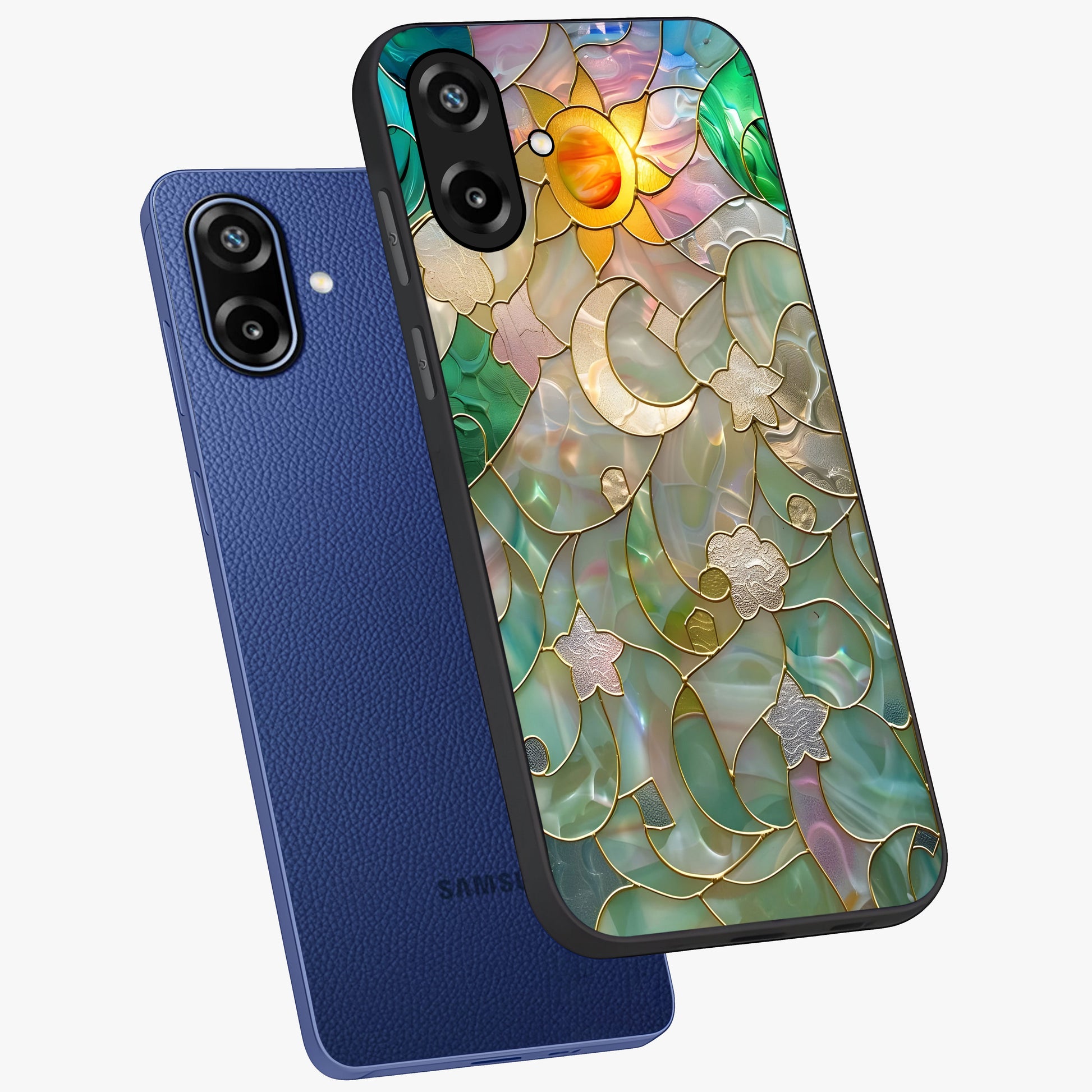 Stained Sunrise Glow Glass Case displayed in angled mockup highlighting radiant sunrise design with artistic aesthetic style.