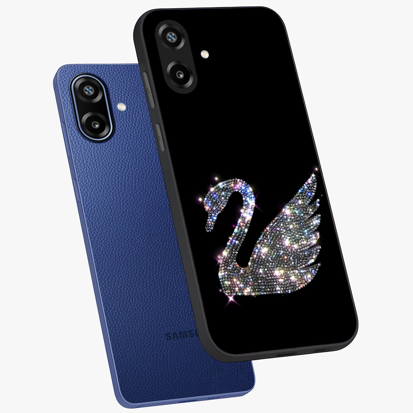 Starlit Swan Grace Glass Case displayed in angled mockup highlighting elegant swan illustration with dreamy celestial aesthetic.