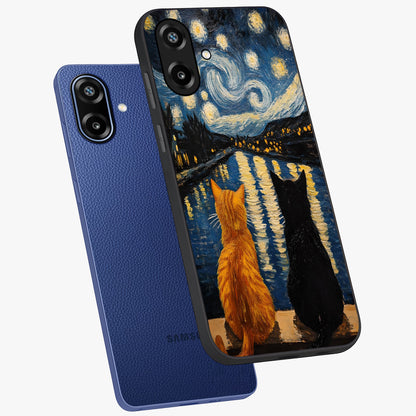 Starry River Cats Glass Case displayed in angled mockup highlighting charming feline illustration with dreamy night aesthetic.
