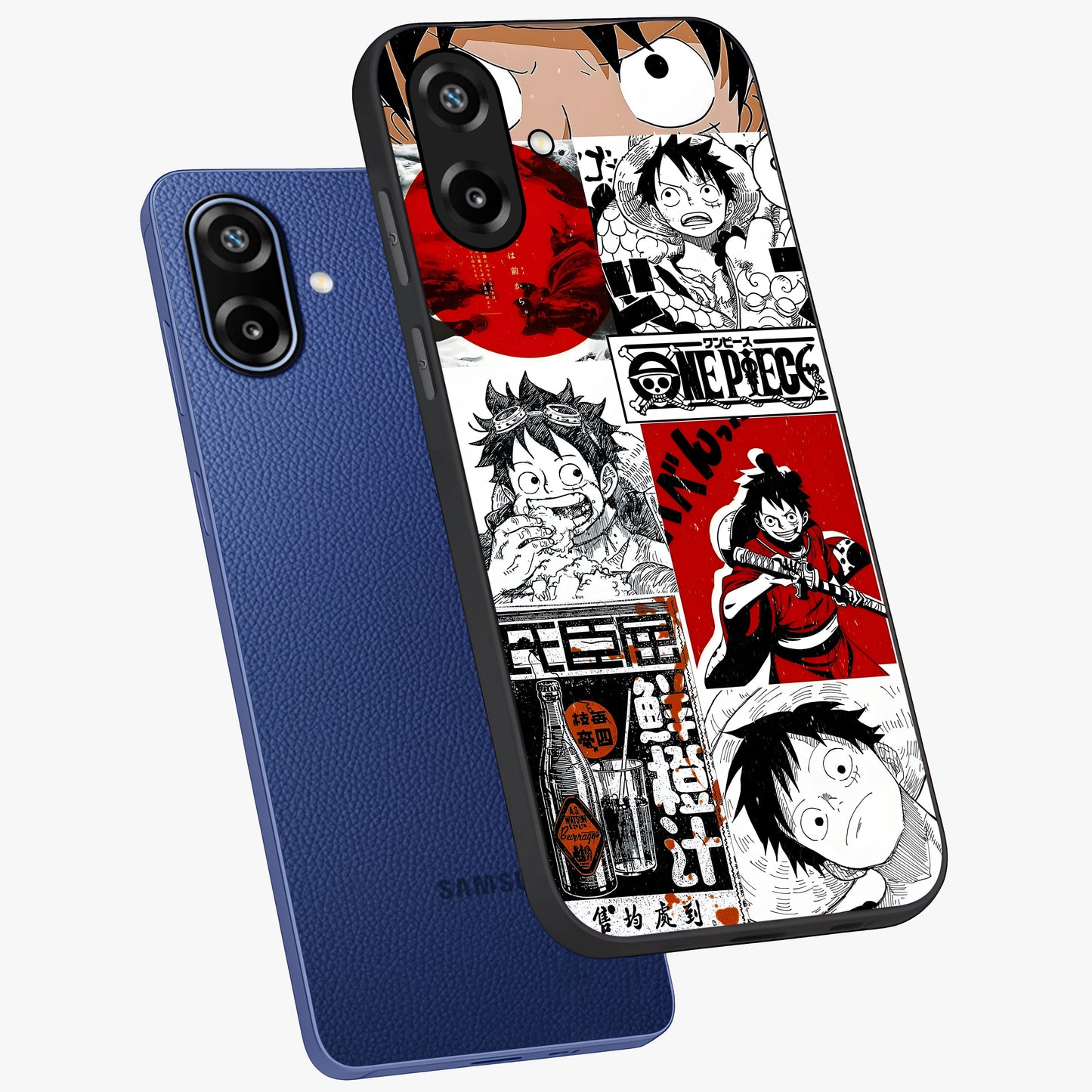 Strawhat Chaos Panels Glass Case displayed in angled mockup highlighting vibrant anime collage design with action aesthetic.