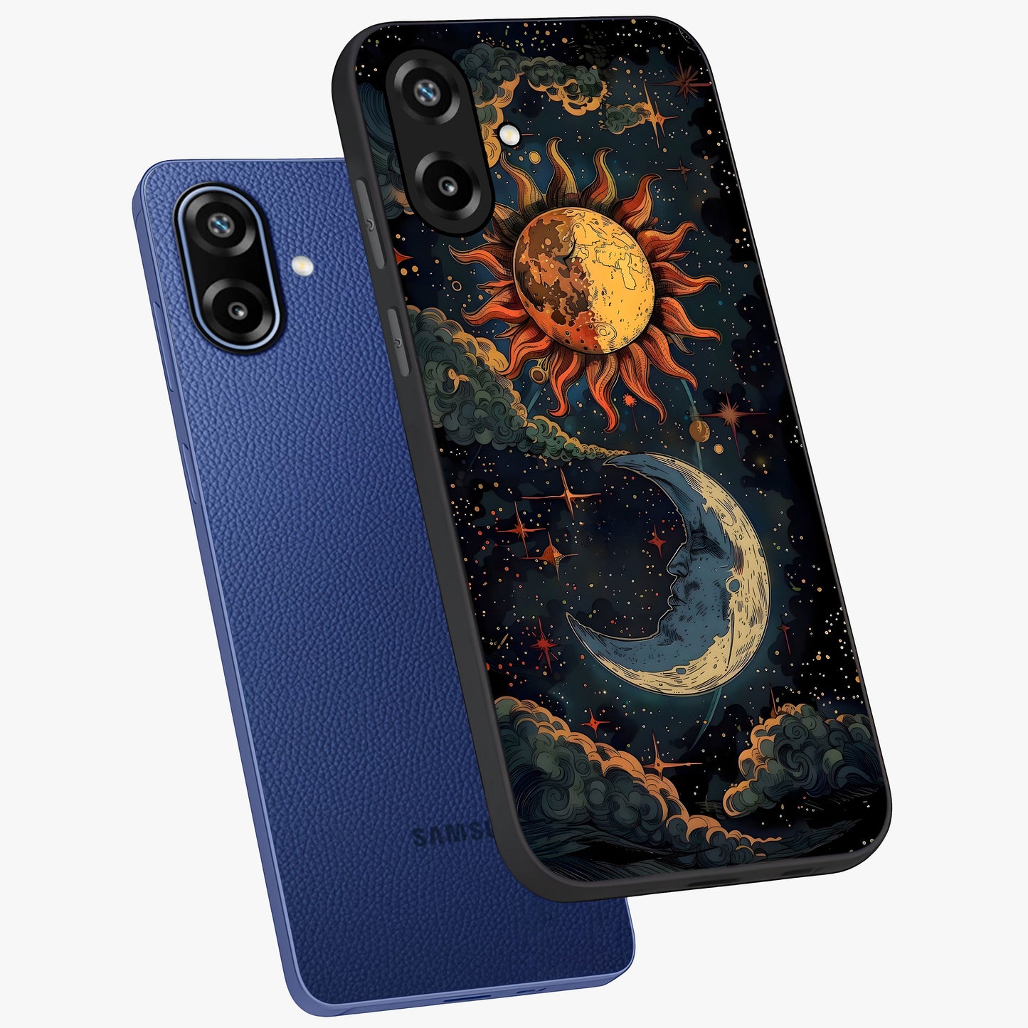 Sun And Moon Magic Design Glass Case displayed in angled mockup highlighting celestial design with magical cosmic aesthetic.