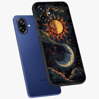 Sun And Moon Magic Design Glass Case displayed in angled mockup highlighting celestial design with magical cosmic aesthetic.