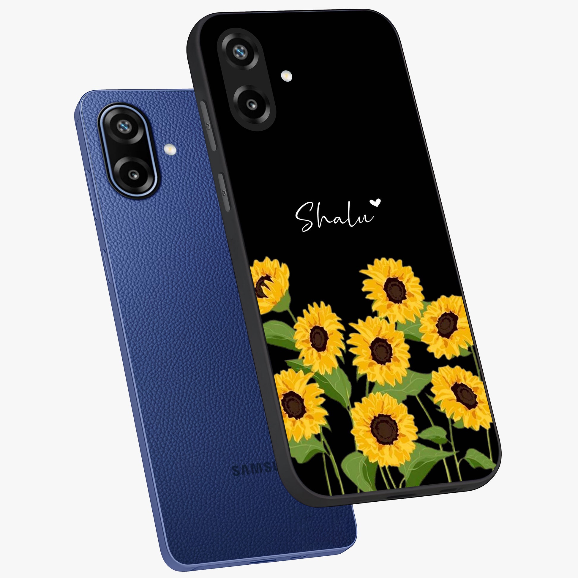 Sunflower Chic Mood Custom Name Glass Case displayed in angled mockup highlighting vibrant sunflower design with custom name feature.