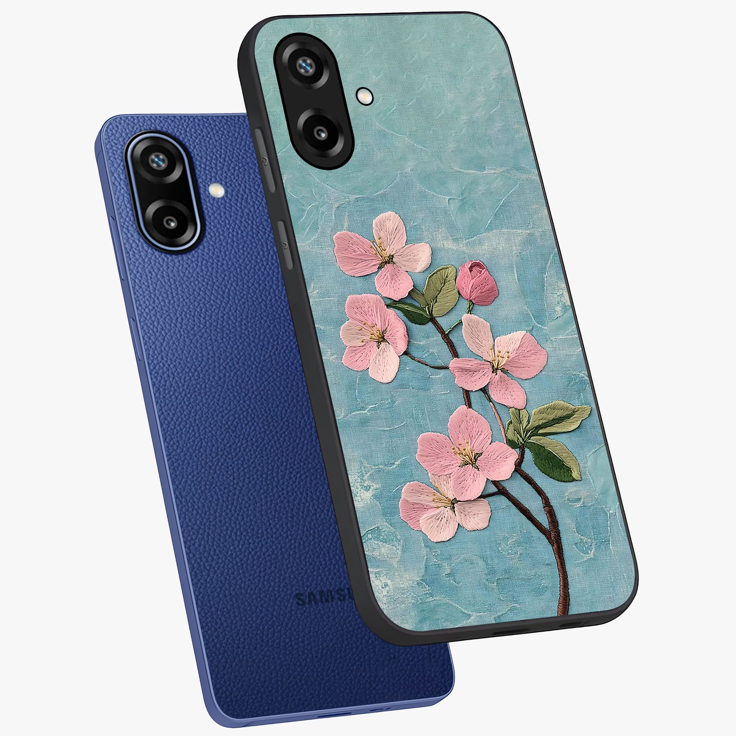 Threaded Blossom Breeze Glass Case displayed in angled mockup highlighting elegant floral design with soft aesthetic style.