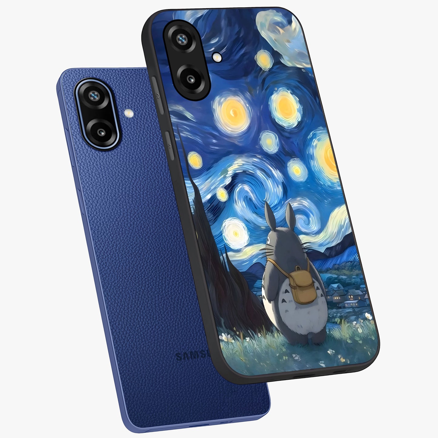 Totoro In Van Gogh Art Glass Case displayed in angled mockup highlighting artistic swirling sky design with playful animation aesthetic.