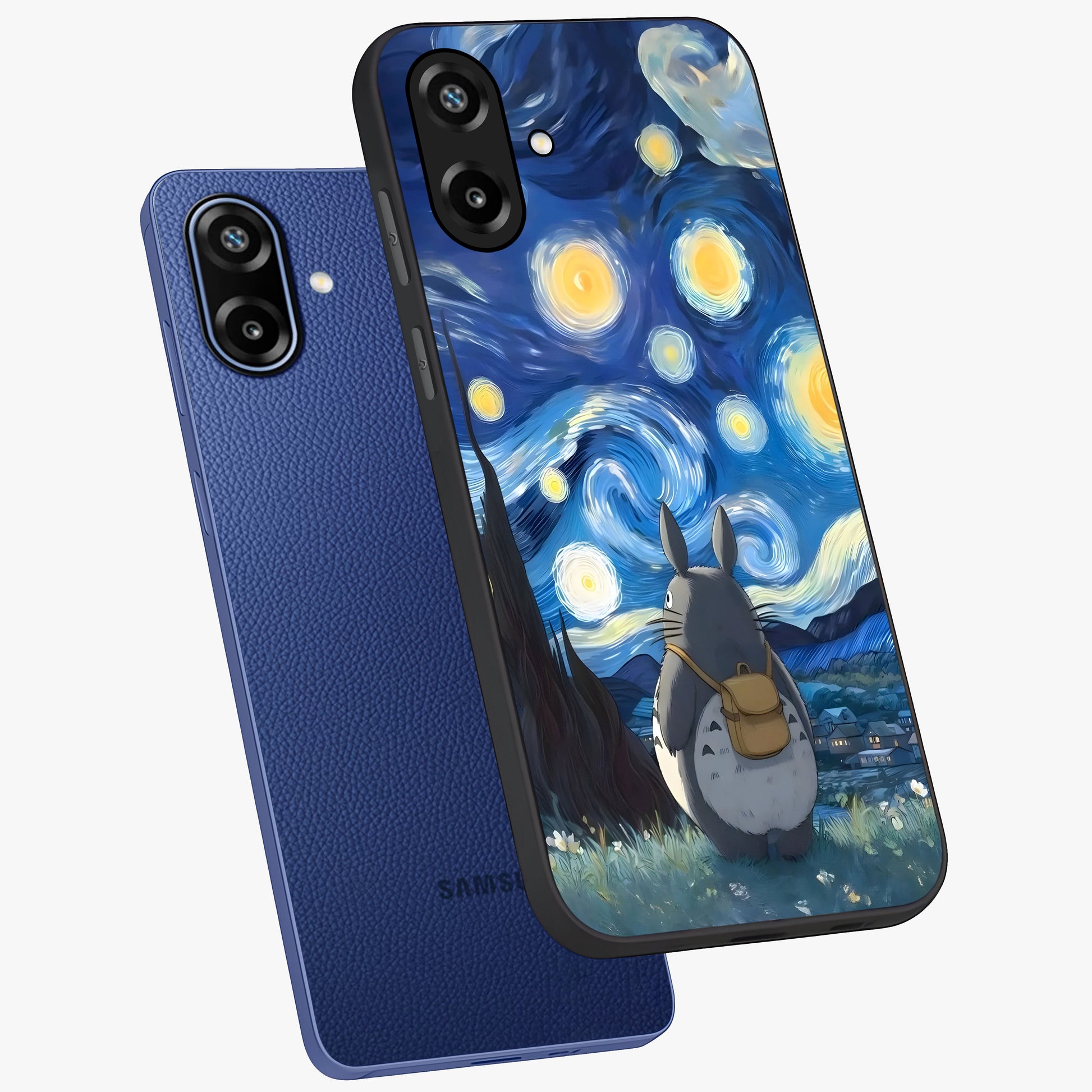 Totoro In Van Gogh Art Glass Case displayed in angled mockup highlighting artistic swirling sky design with playful animation aesthetic.