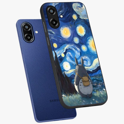 Totoro In Van Gogh Art Glass Case displayed in angled mockup highlighting artistic swirling sky design with playful animation aesthetic.