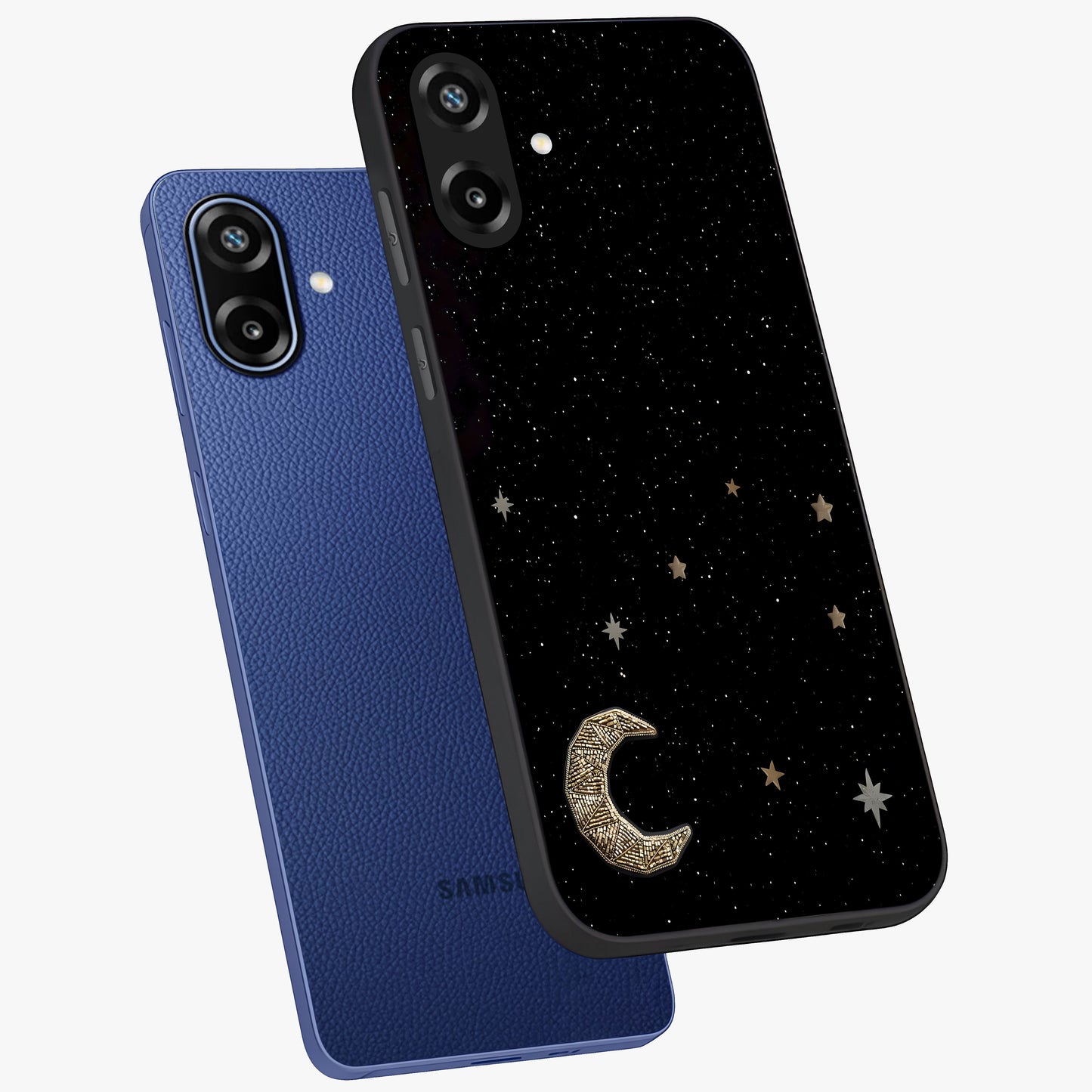 Twinkle Star With Half Moon Glass Case displayed in angled mockup highlighting celestial moon and star design with magical aesthetic.
