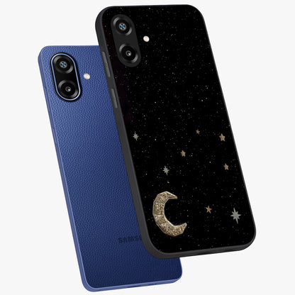 Twinkle Star With Half Moon Glass Case displayed in angled mockup highlighting celestial moon and star design with magical aesthetic.