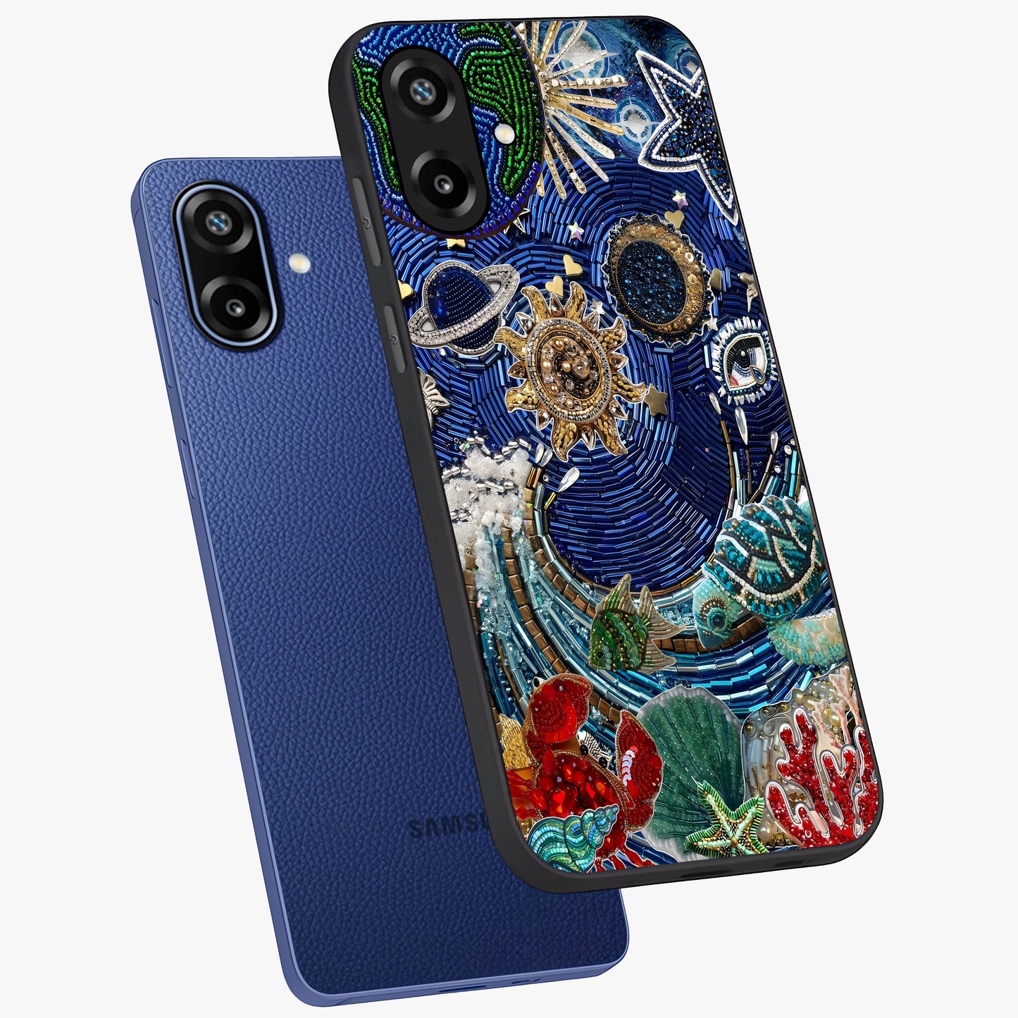 Universe Underwater Spark Glass Case displayed in angled mockup highlighting glowing aquatic design with celestial aesthetic.