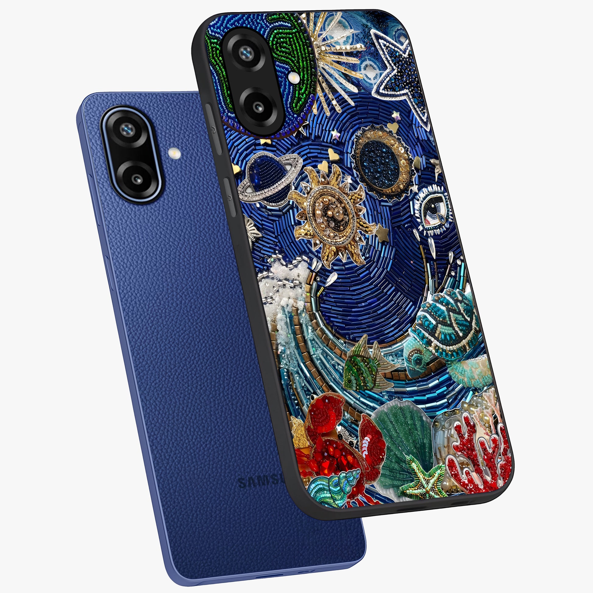Universe Underwater Spark Glass Case displayed in angled mockup highlighting glowing aquatic design with celestial aesthetic.