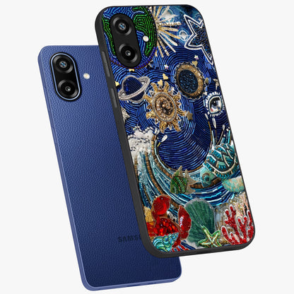 Universe Underwater Spark Glass Case displayed in angled mockup highlighting glowing aquatic design with celestial aesthetic.