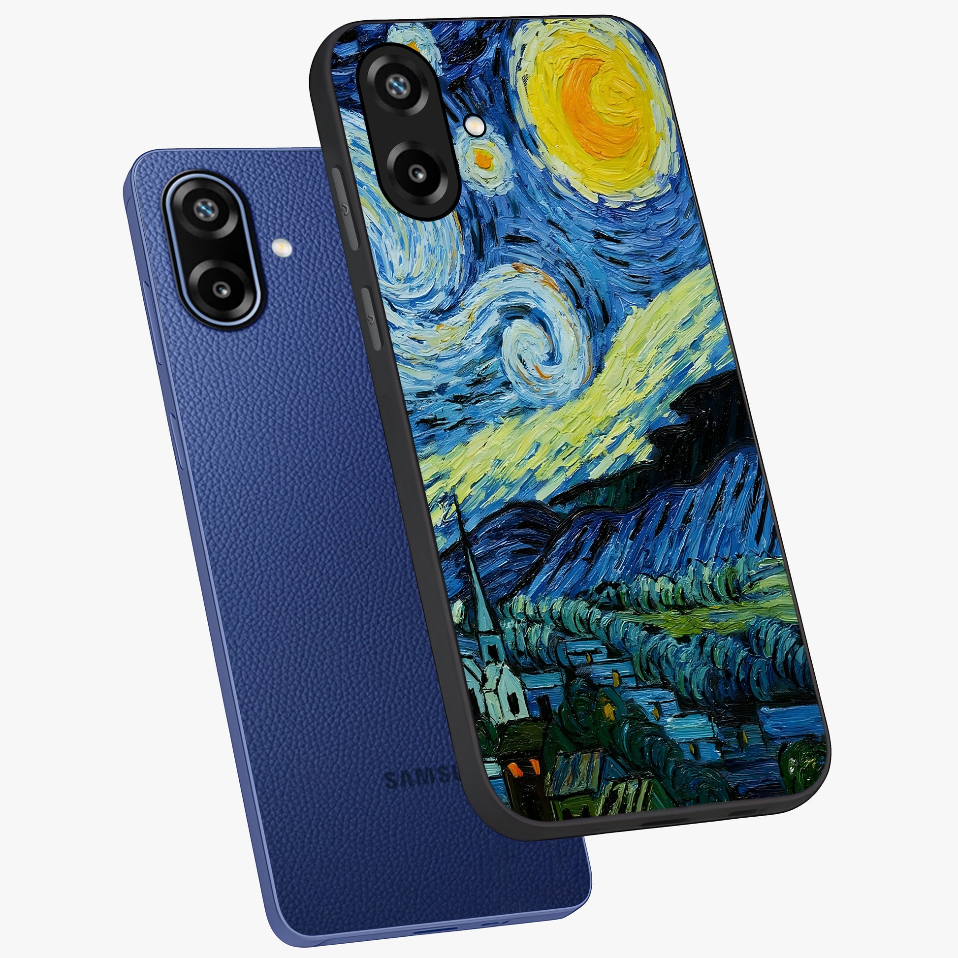Van Gogh Art Glass Case displayed in angled mockup highlighting swirling brushstroke design with artistic aesthetic.