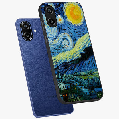 Van Gogh Art Glass Case displayed in angled mockup highlighting swirling brushstroke design with artistic aesthetic.