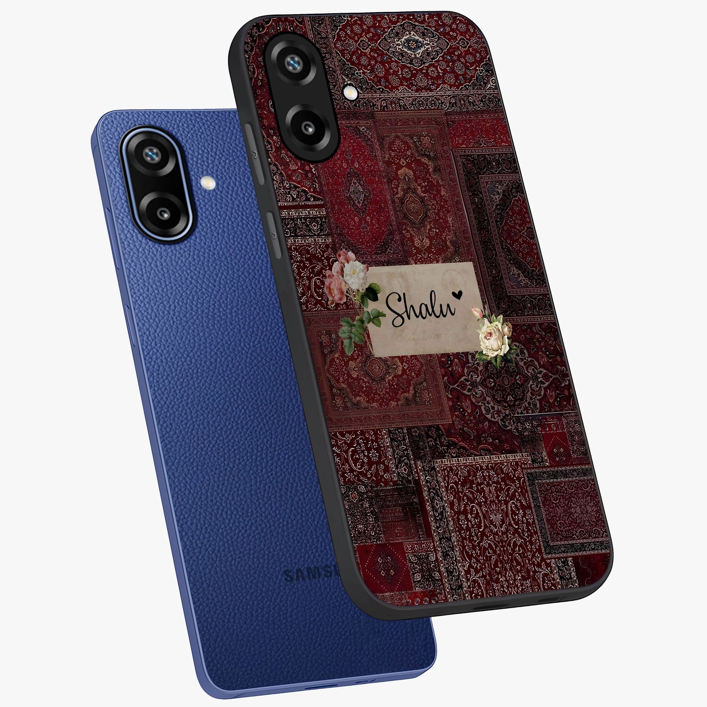 Velvet Wine Pattern Custom Name Glass Case displayed in angled mockup highlighting decorative velvet inspired design with custom name feature.