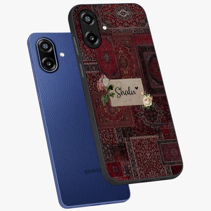 Velvet Wine Pattern Custom Name Glass Case displayed in angled mockup highlighting decorative velvet inspired design with custom name feature.