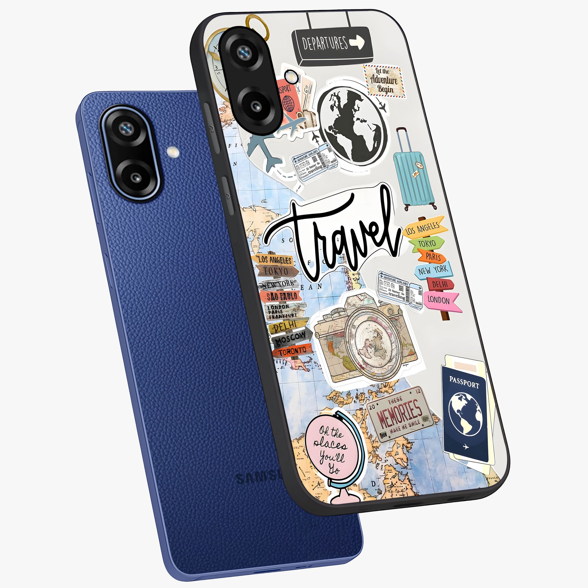 Wanderlust Journal Glass Case displayed in angled mockup highlighting adventure themed design with aesthetic travel vibe.