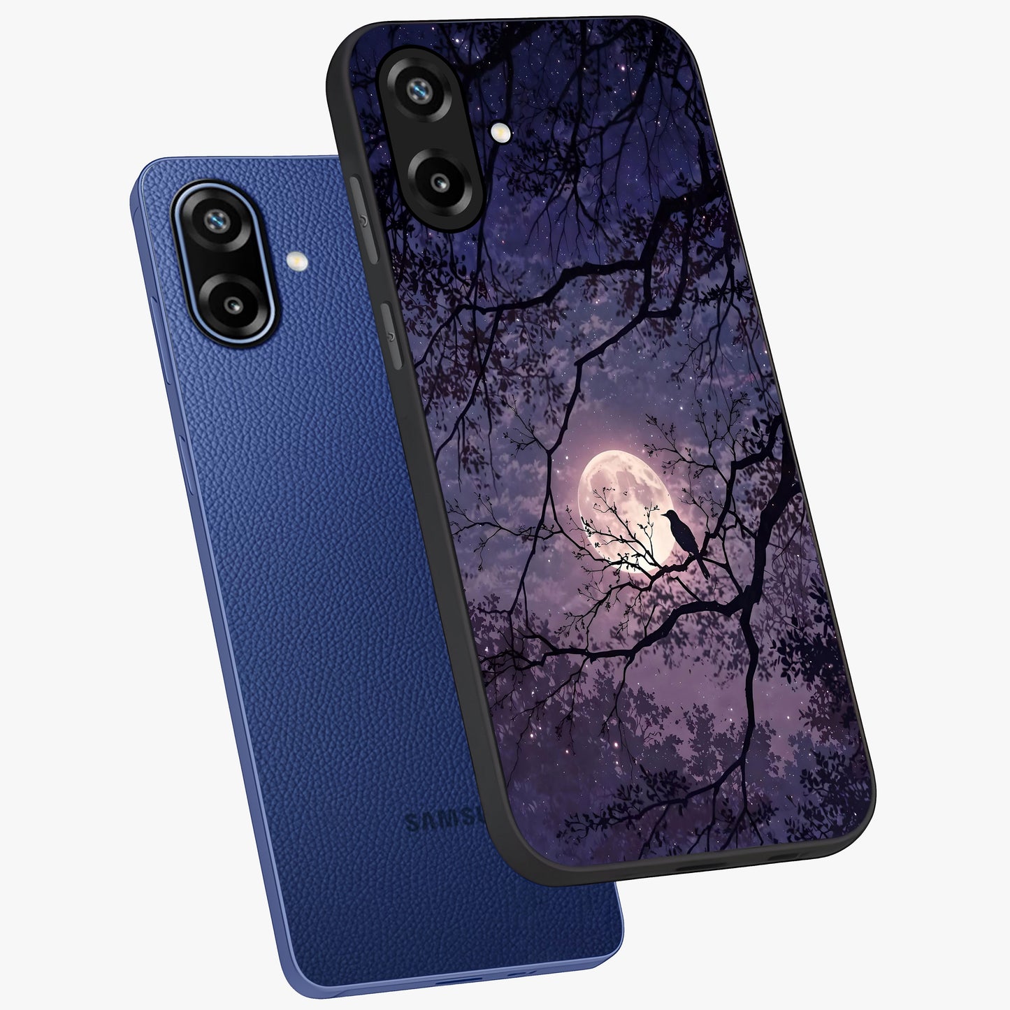 Whispering Moon Silence Glass Case displayed in angled mockup highlighting calm lunar design with dreamy night aesthetic.