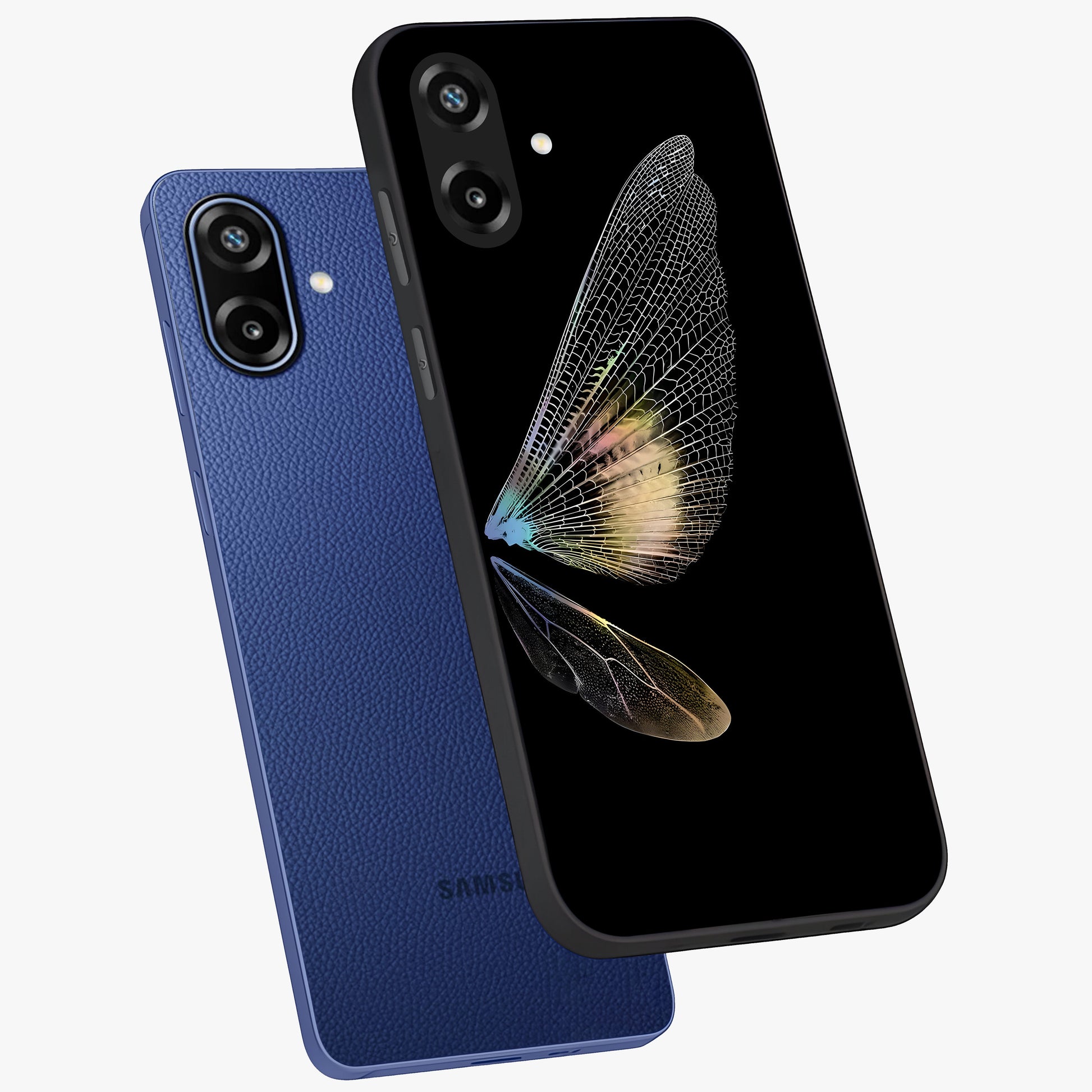 Whispers Of Wings Glass Case displayed in angled mockup highlighting soft feather design with celestial aesthetic style.