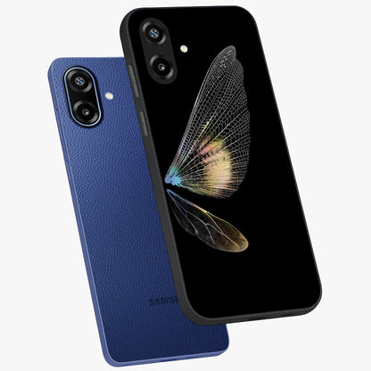 Whispers Of Wings Glass Case displayed in angled mockup highlighting soft feather design with celestial aesthetic style.