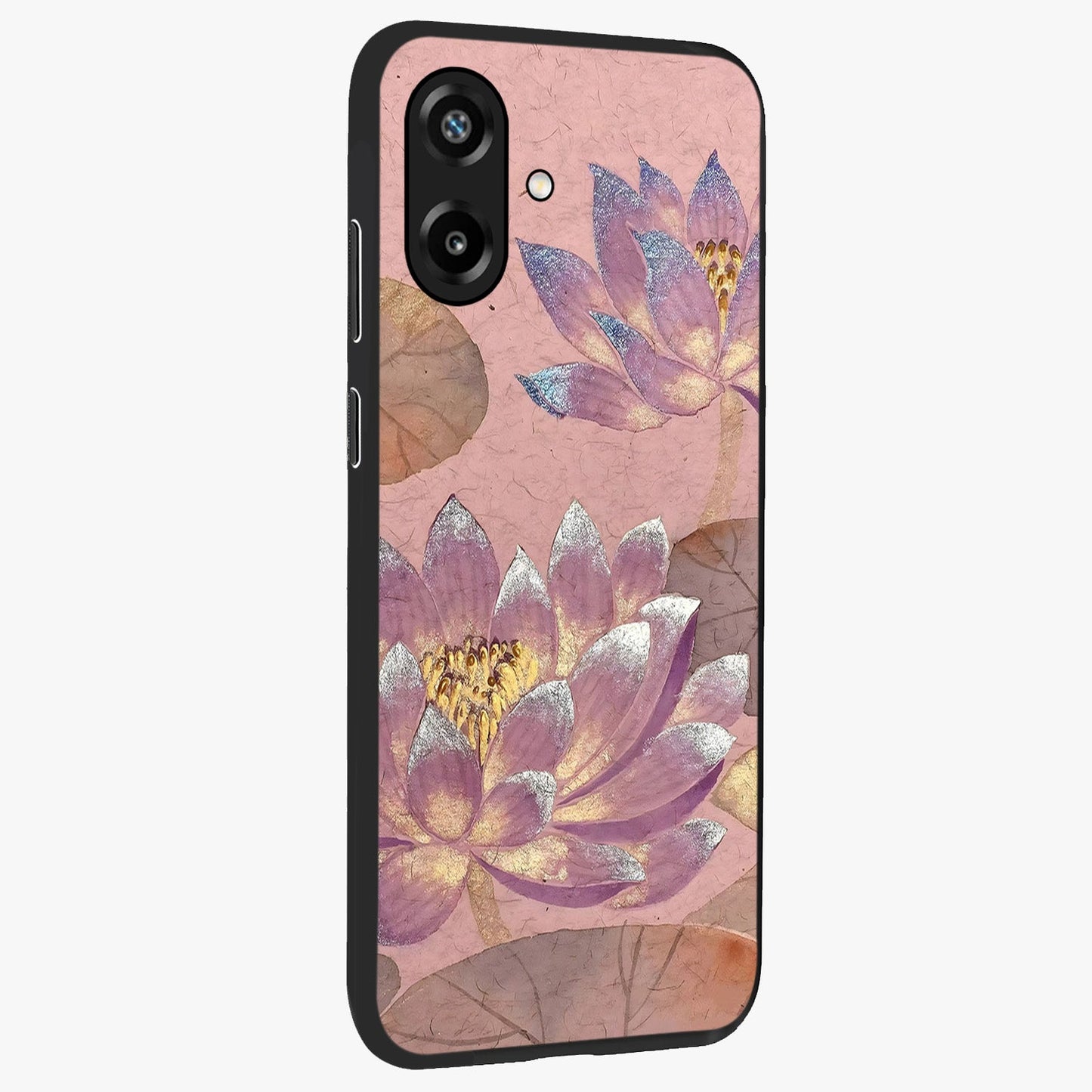 Blossom Mist Lotus Glass Case upright view showcasing graceful lotus flower design with peaceful botanical style.