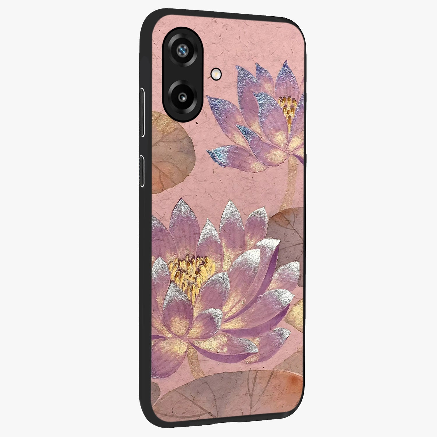 Blossom Mist Lotus Glass Case upright view showcasing graceful lotus flower design with peaceful botanical style.