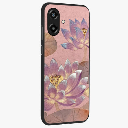 Blossom Mist Lotus Glass Case upright view showcasing graceful lotus flower design with peaceful botanical style.