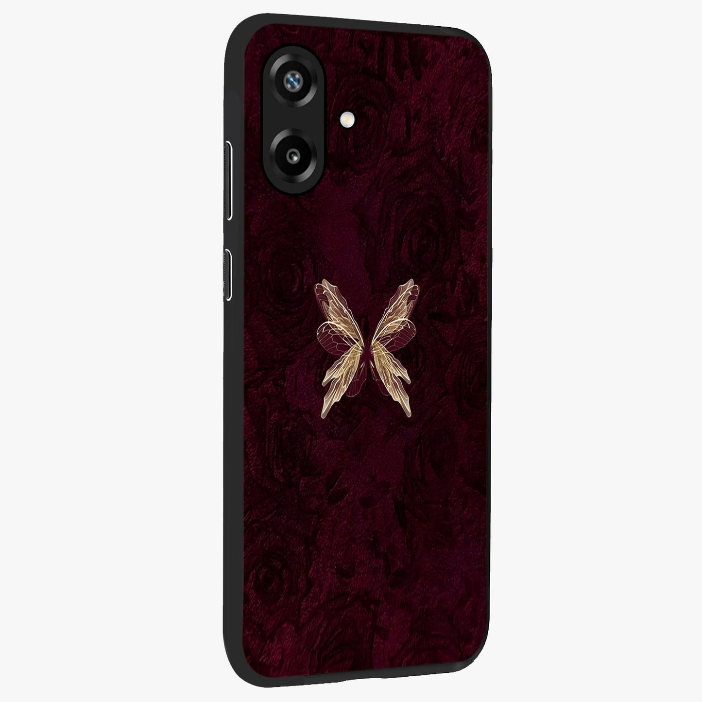 Crimson Fade Butterfly Glass Case upright view showcasing graceful butterfly artwork with soft crimson fade effect.