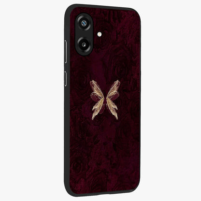 Crimson Fade Butterfly Glass Case upright view showcasing graceful butterfly artwork with soft crimson fade effect.