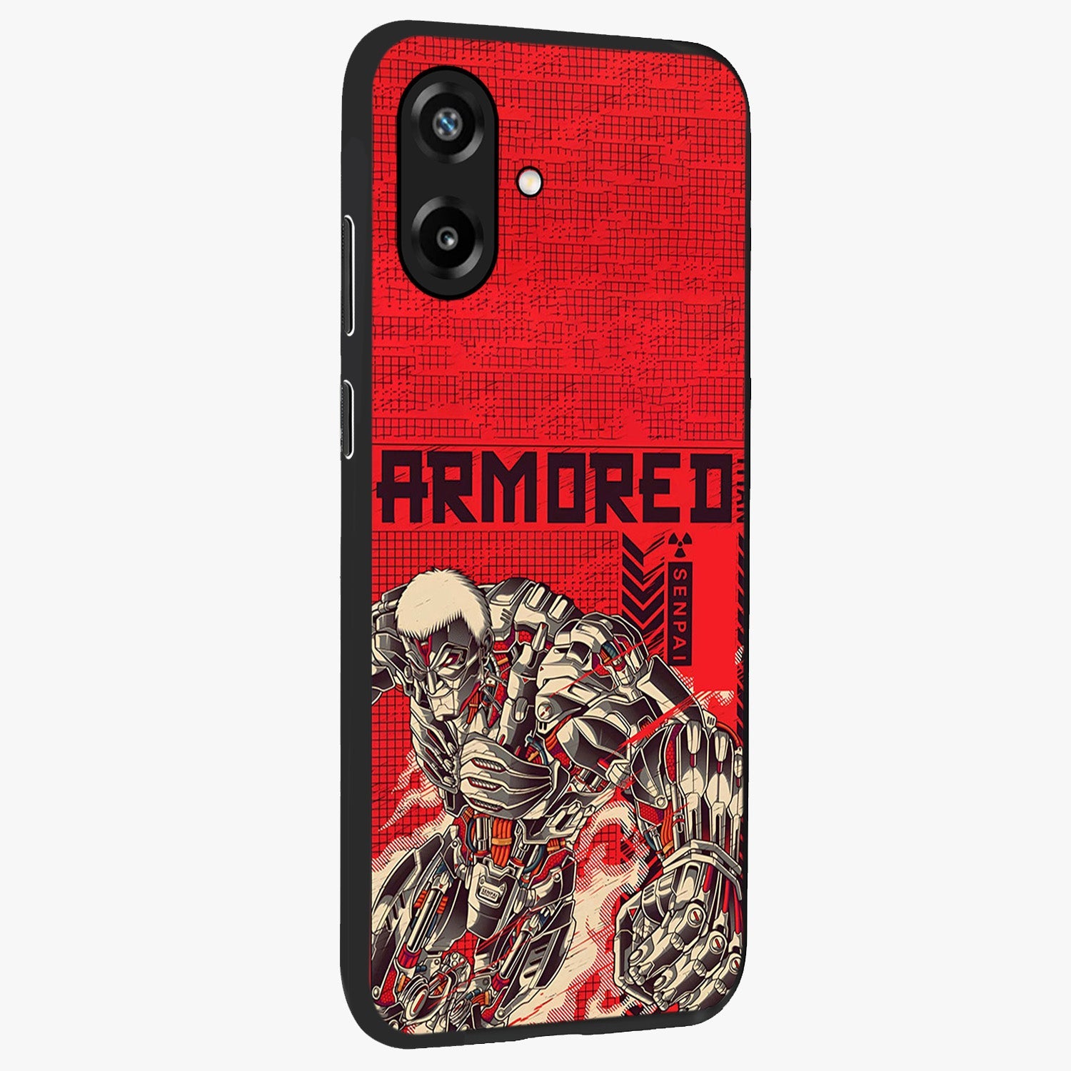 Crimson Mecha Titan Glass Case upright view showcasing dynamic robotic titan design with sci-fi inspired theme.