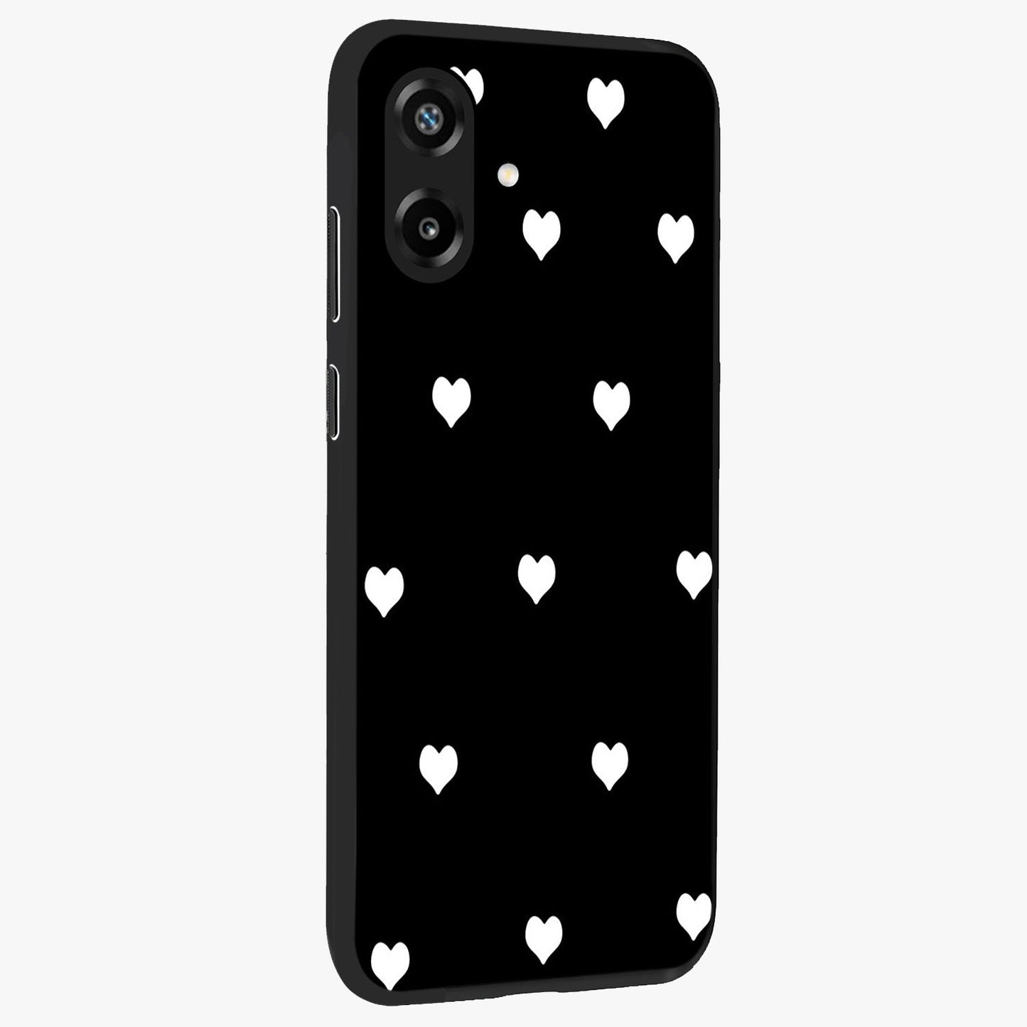 Cute And Simple White Hearts Glass Case upright view showcasing simple white hearts artwork with soft minimal theme.