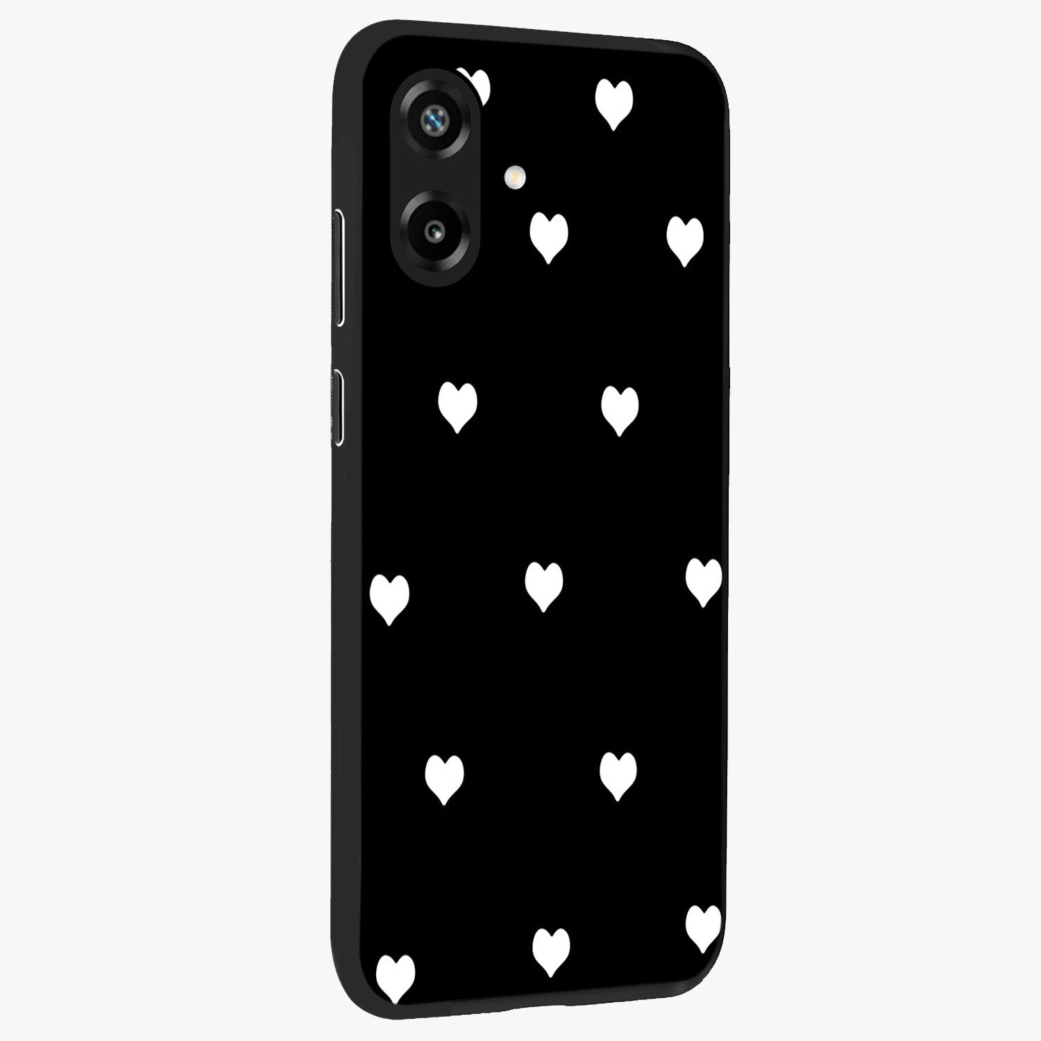 Cute And Simple White Hearts Glass Case upright view showcasing simple white hearts artwork with soft minimal theme.